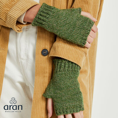 Aran Woollen Fingerless Mittens, Green Colour